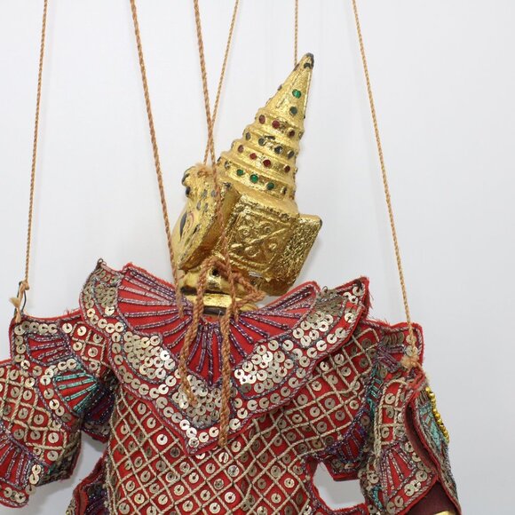 Handmade Traditional Burmese Puppet Gold Face Ornate Costume Strings Attached - Picture 7 of 9
